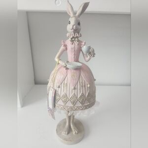 Jolie Fleur Easter Bunny Rabbit Figurine Resin Pink Gold Dress Tea Party 16in